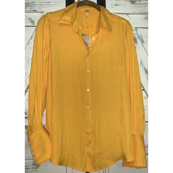 FREE PEOPLE Serena Silky Stripe Shirt carrot ginger yellow Long Sleeve Blouse - Picture 1 of 12